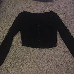 S Black Long Sleeve Cropped Button Up Scoop Neck Mixed Threads Top